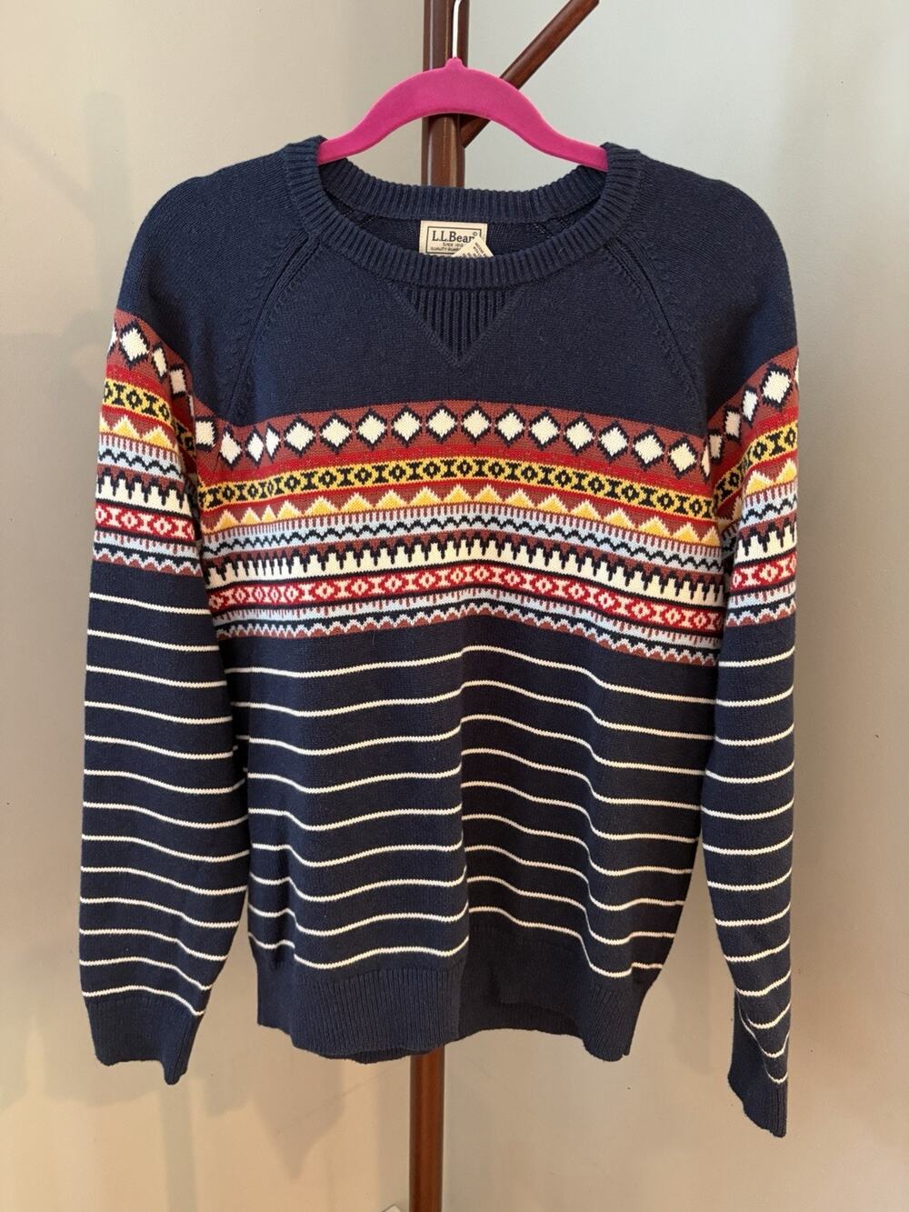 L.L.Bean Cotton Blend Fair Isle Navy Striped Sweater